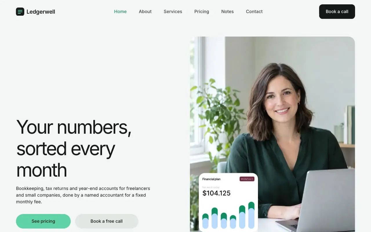 Ledgerwell website hero, one of the accountants sites we shipped