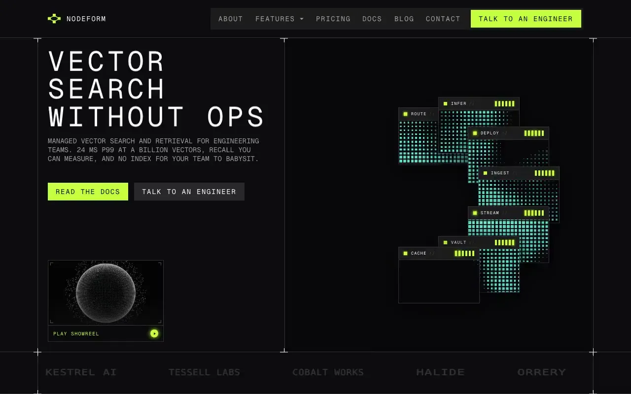 Nodeform website hero, one of the AI and data products sites we shipped