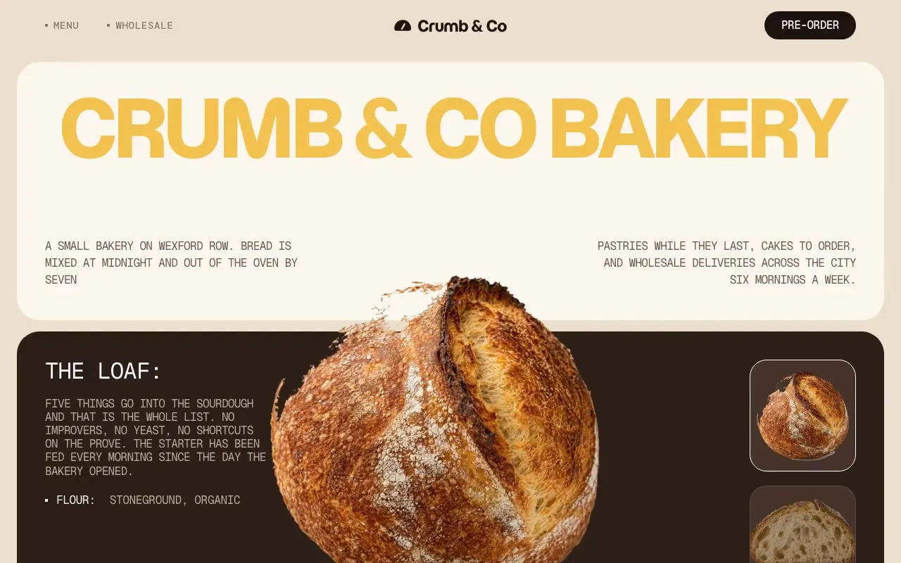 Crumb & Co website hero, one of the bakeries and food brands sites we shipped