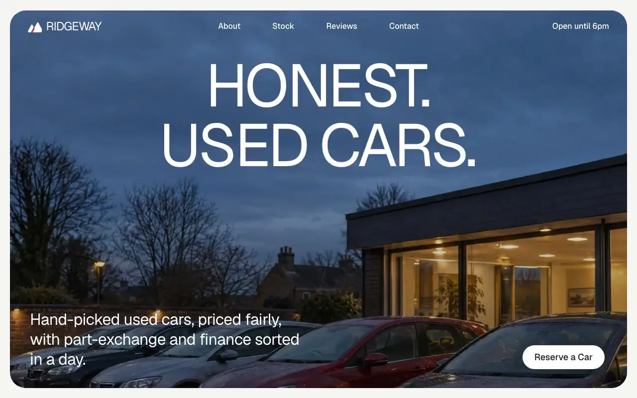 Ridgeway Motors website hero, one of the car dealerships sites we shipped