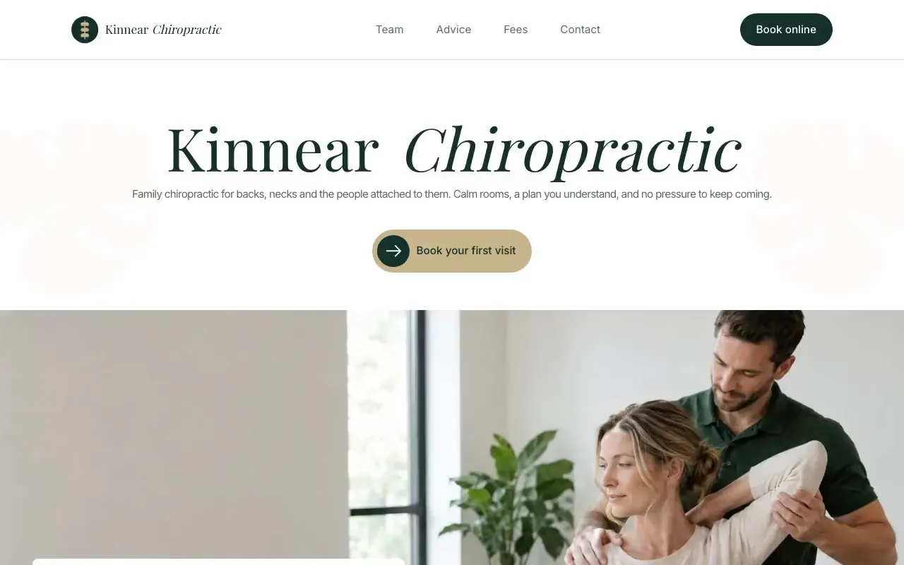 Kinnear Chiropractic website hero, one of the chiropractic sites we shipped