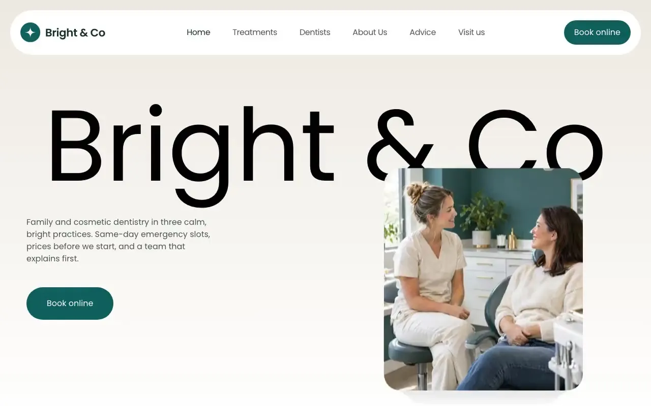 Bright & Co Dental website hero, one of the dental practices sites we shipped