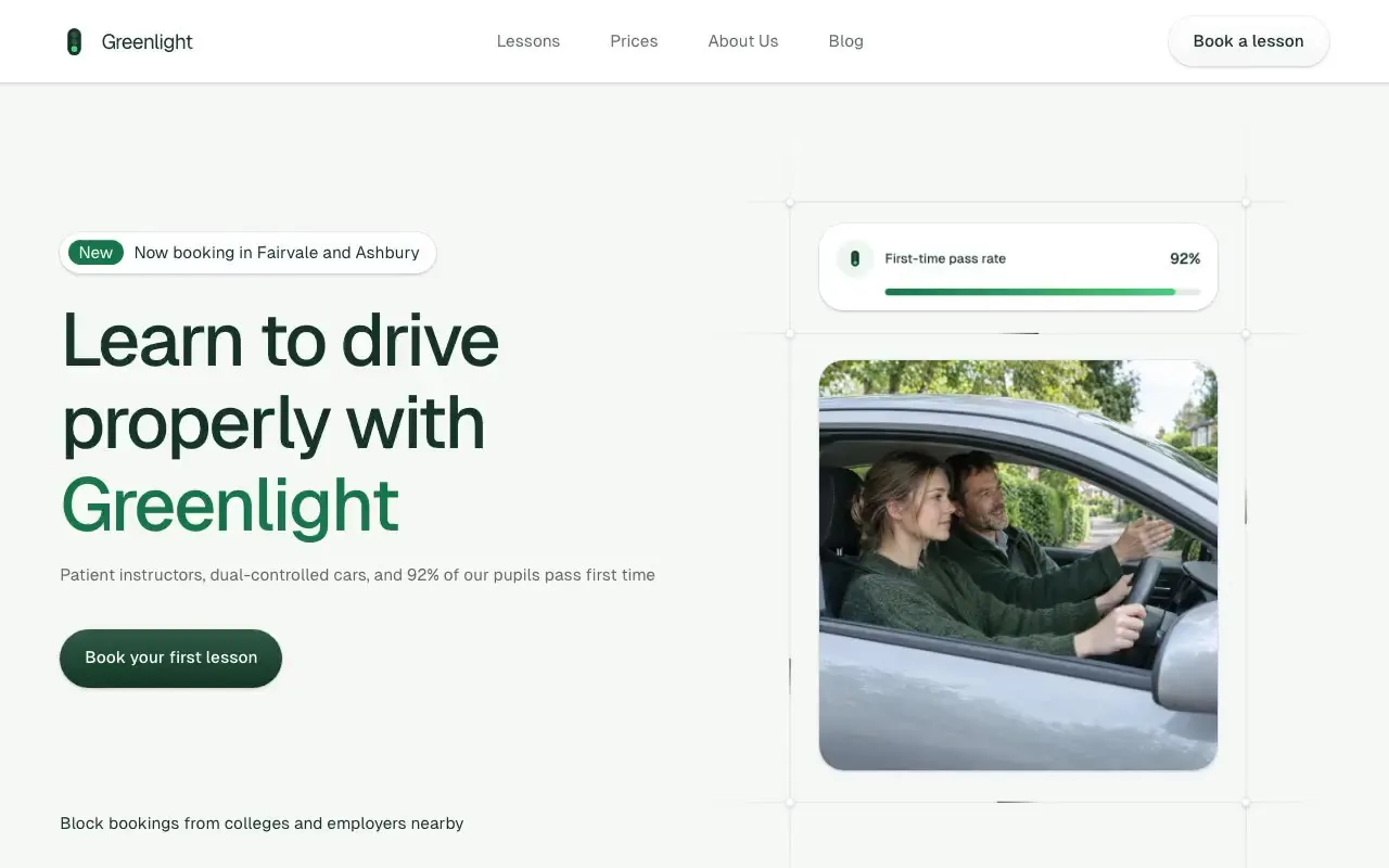 Greenlight Driving website hero, one of the driving schools sites we shipped