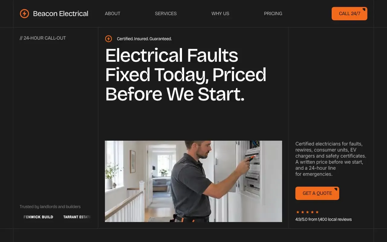Beacon Electrical website hero, one of the electricians sites we shipped