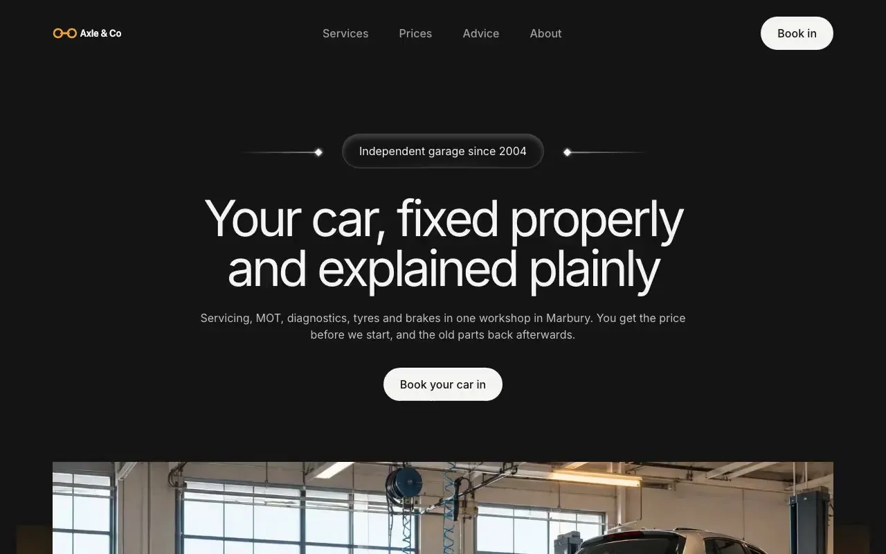 Axle & Co website hero, one of the auto repair garages sites we shipped