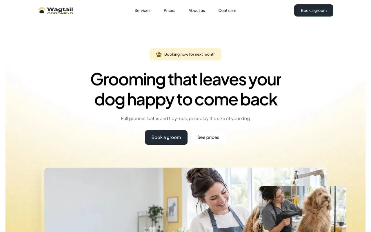 Wagtail Grooming website hero, one of the pet grooming sites we shipped