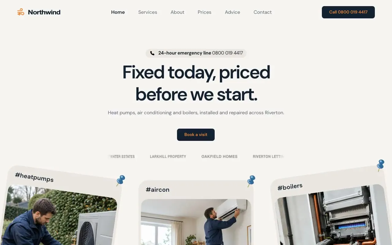 Northwind Heating & Air website hero, one of the HVAC companies sites we shipped