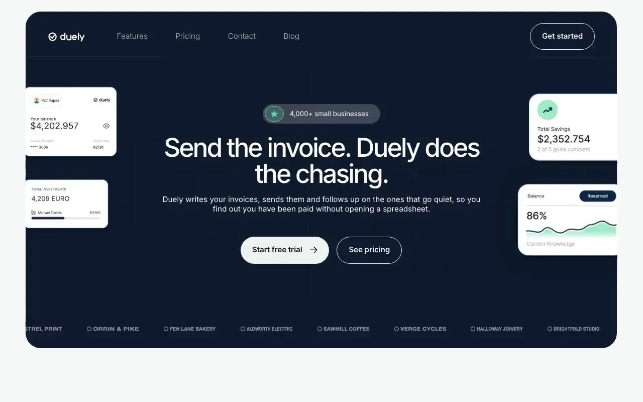 Duely website hero, one of the invoicing and finance apps sites we shipped