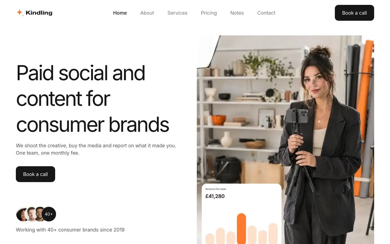 Kindling Studio website hero, one of the marketing agencies sites we shipped
