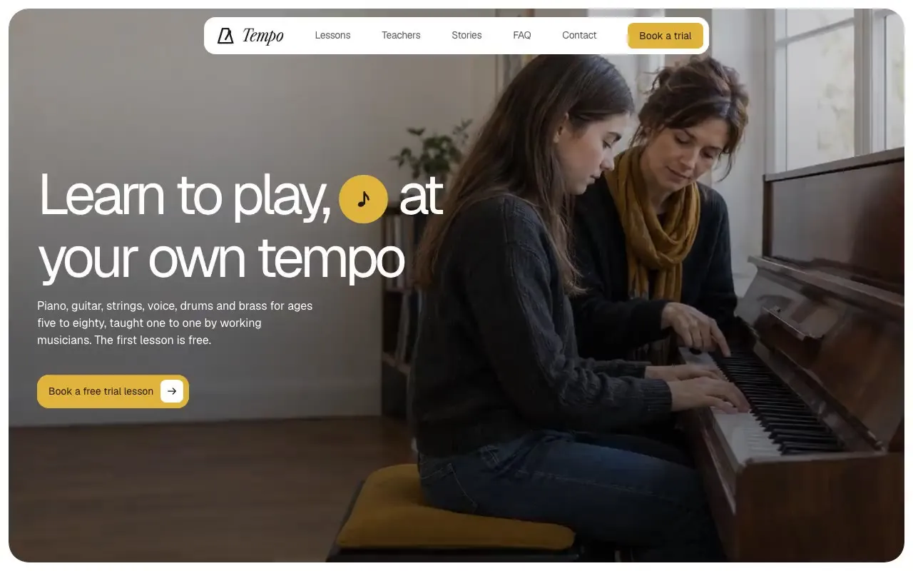 Tempo Music School website hero, one of the music schools sites we shipped