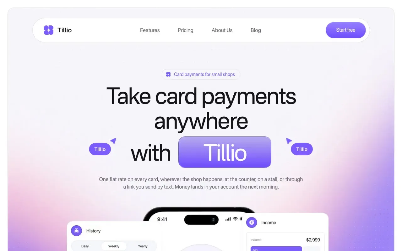 Tillio website hero, one of the payments platforms sites we shipped