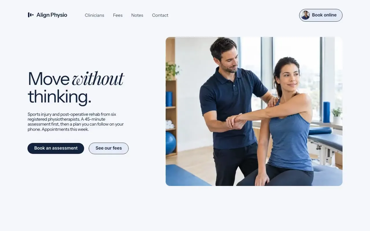 Align Physio website hero, one of the physiotherapy sites we shipped