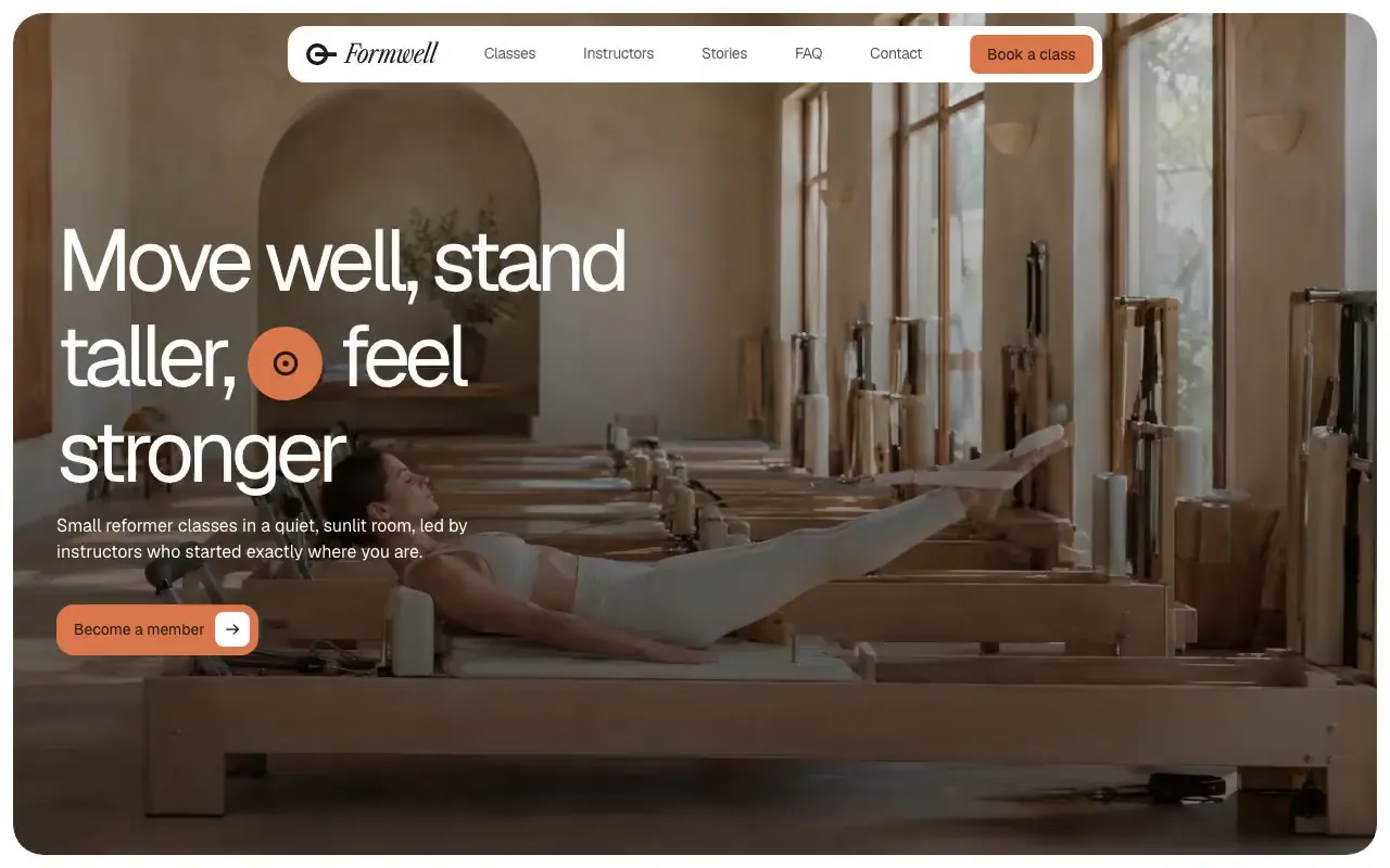Formwell pilates studio website hero