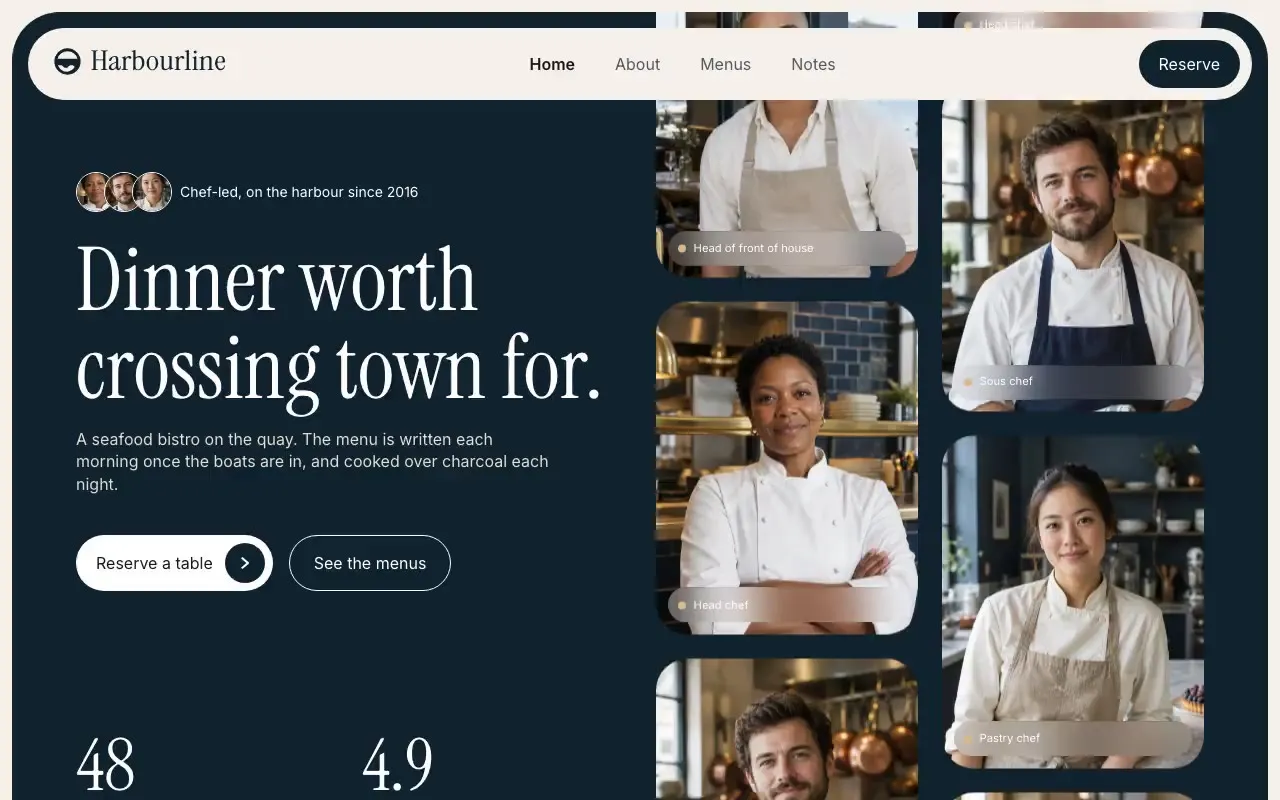 Harbourline website hero, one of the restaurants sites we shipped