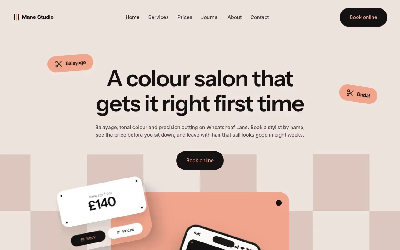Mane Studio website hero, one of the hair salons sites we shipped