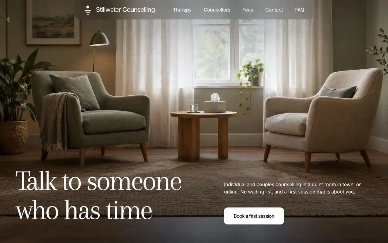 Stillwater Counselling website hero, one of the therapy and counselling sites we shipped