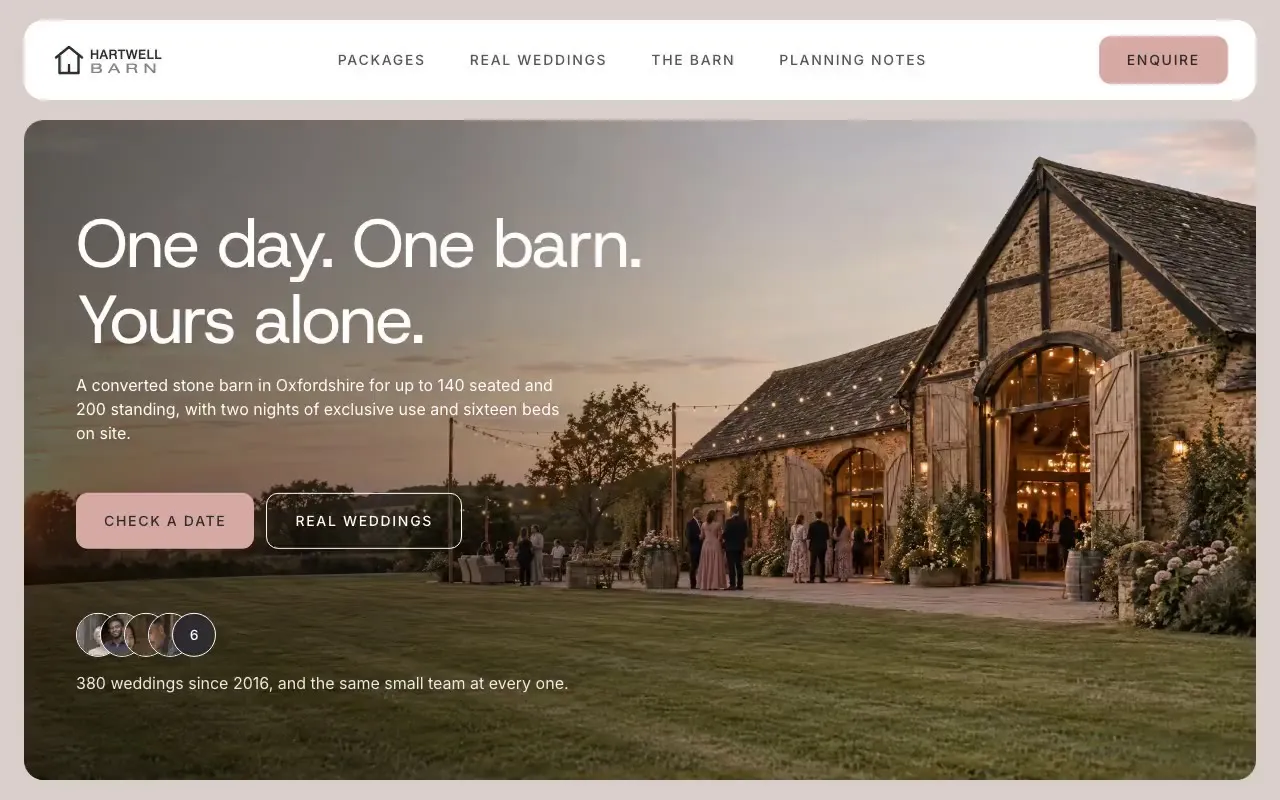 Hartwell Barn website hero, one of the wedding and event venues sites we shipped