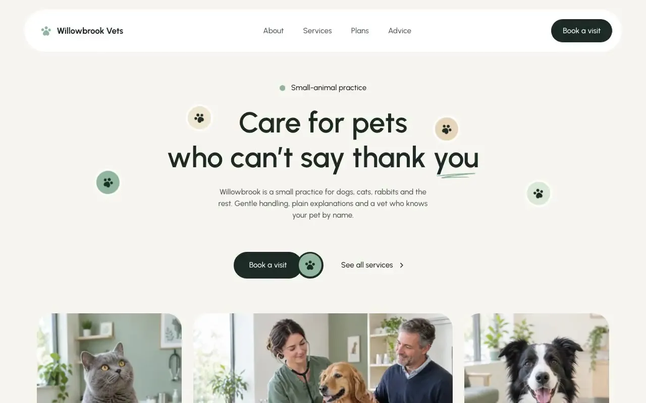 Willowbrook Vets website hero, one of the veterinary clinics sites we shipped
