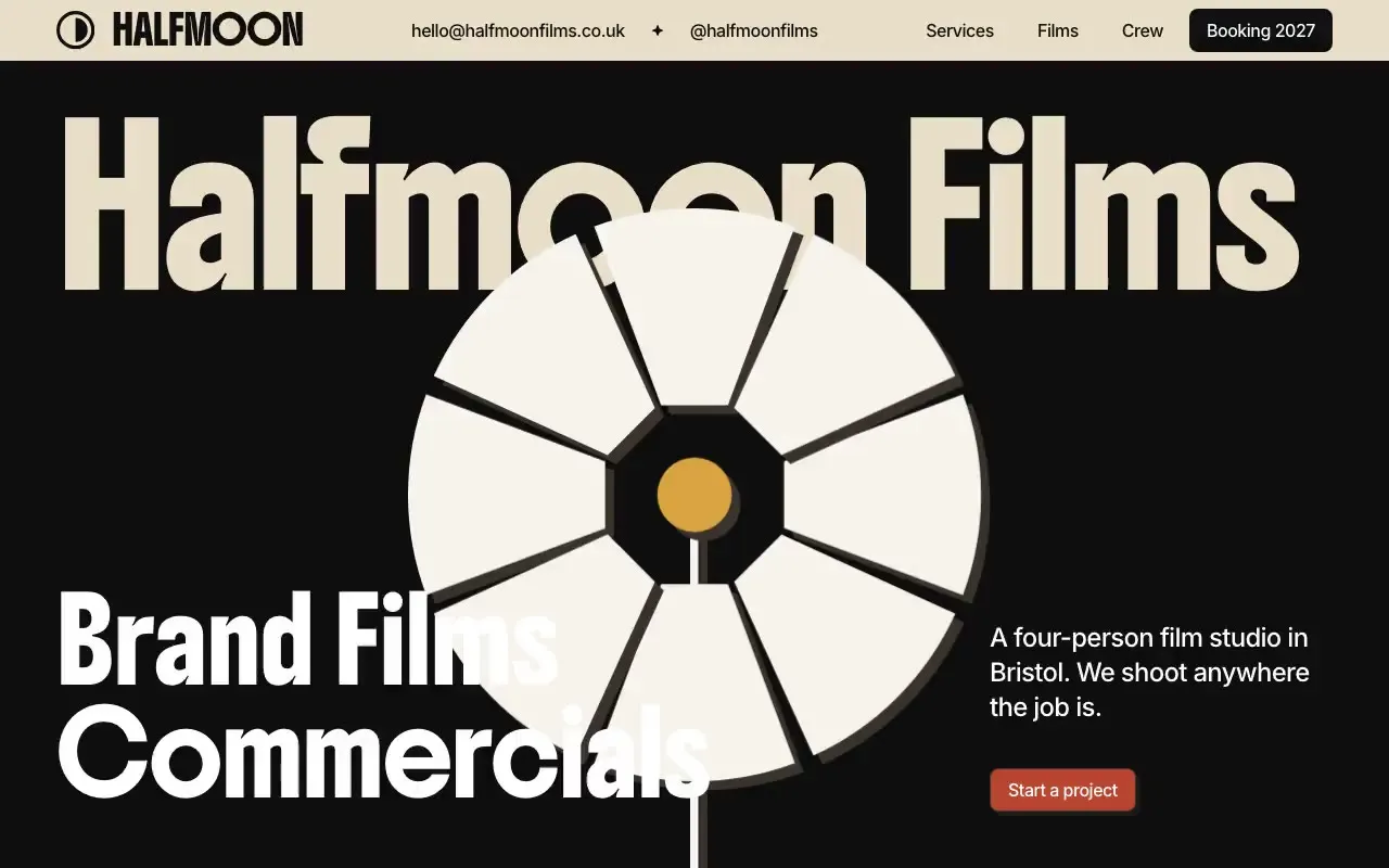 Halfmoon Films website hero, one of the video production sites we shipped