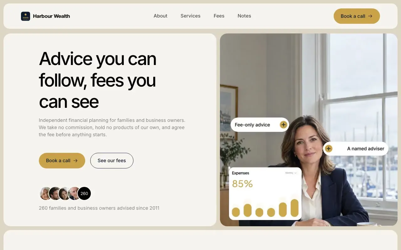 Harbour Wealth website hero, one of the wealth management sites we shipped